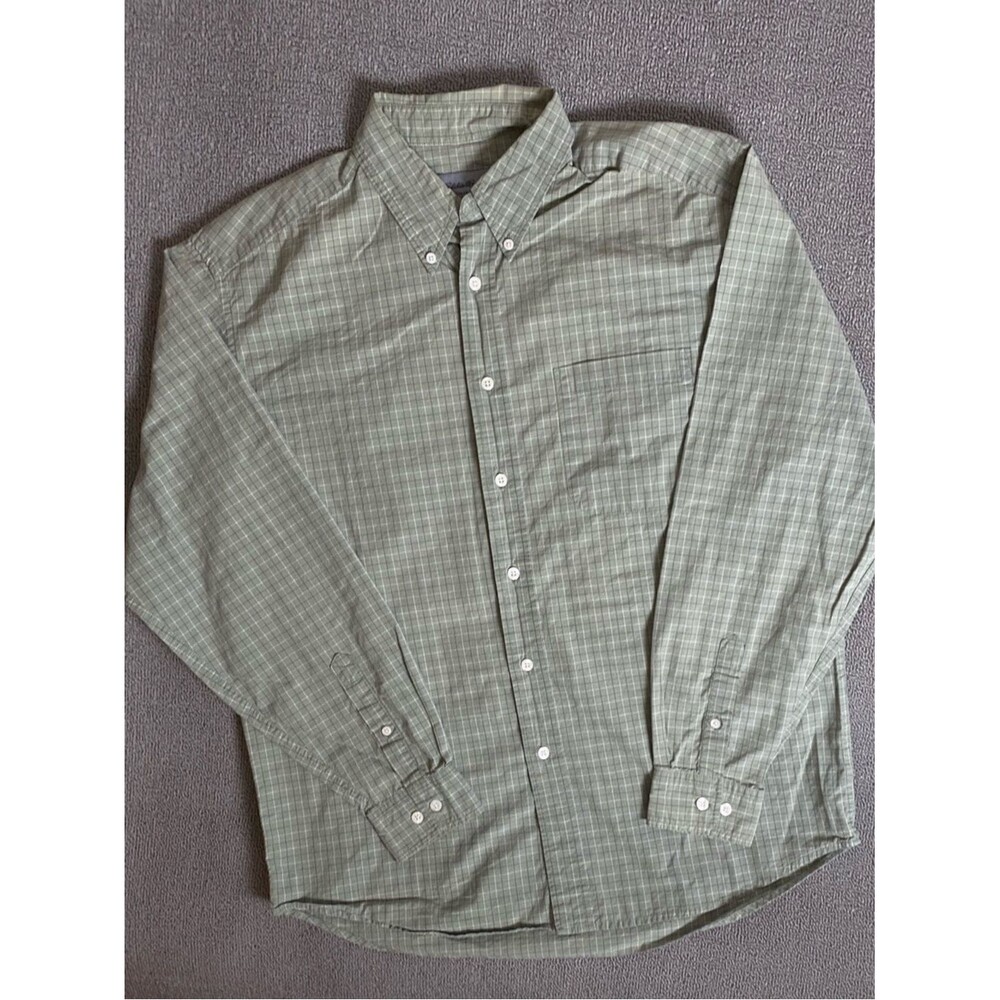 Eddie Bauer Light Green Plaid Button-Down Long Sleeve 100% Cotton Shirt